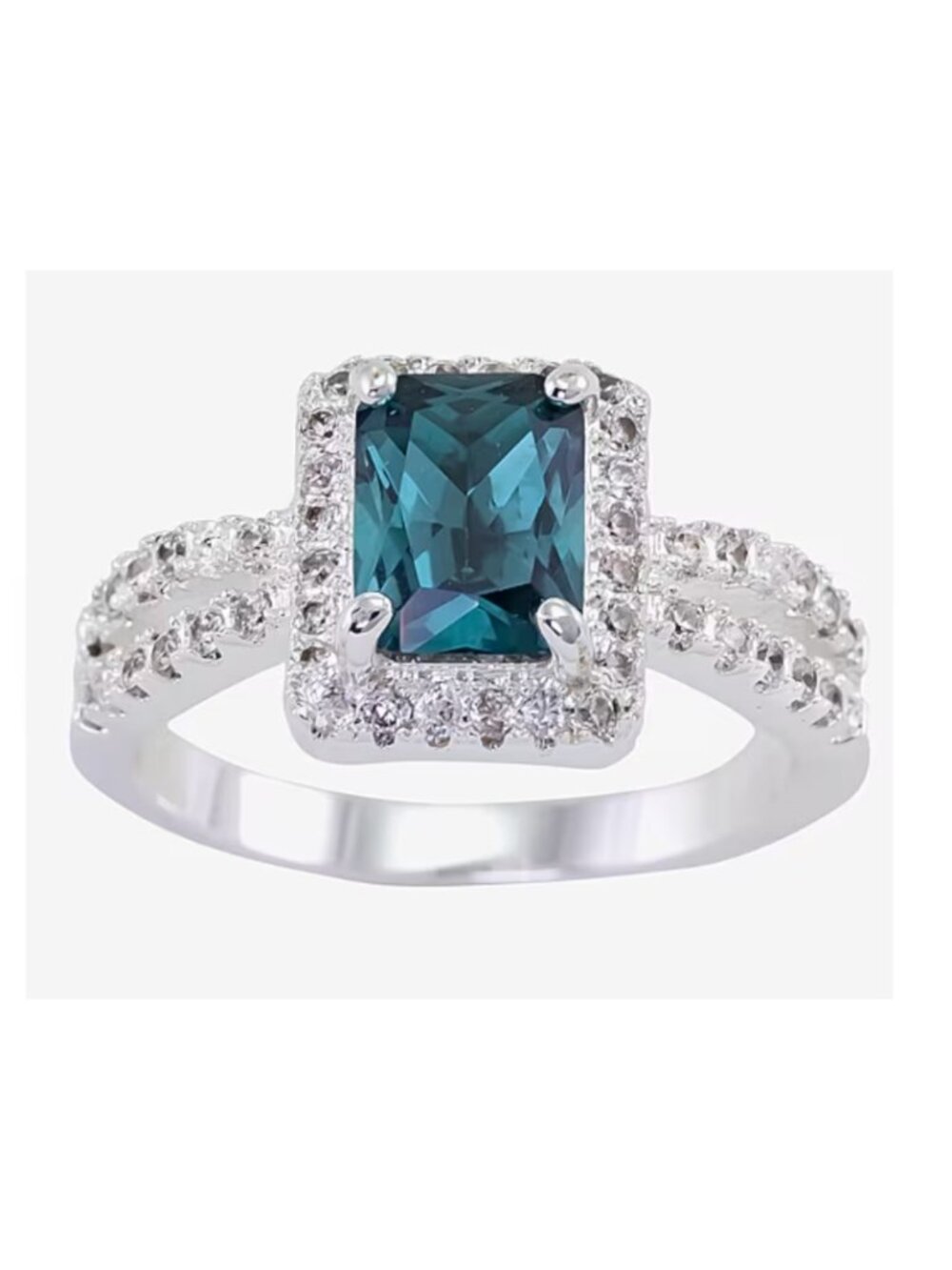 Sparkle Allure Blue Crystal Halo Cocktail Ring | Split Shank Silver Over Brass